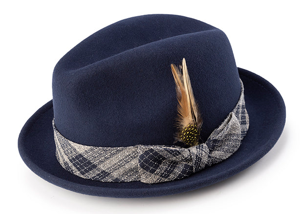 Pinch Front Navy Fedora with Feather Accent