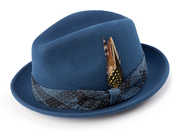 Pinch Front Sapphire Fedora with Feather Accent