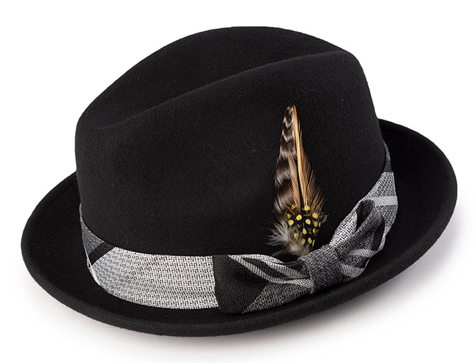 Wool Felt Pinch Front Black Fedora with Feather Accent