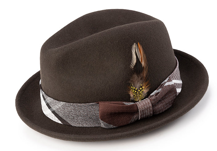 Wool Felt Pinch Front Brown Fedora with Feather Accent