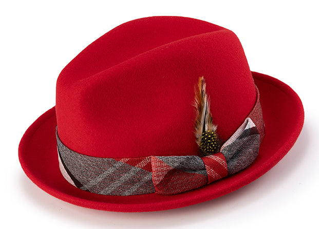 Wool Felt Pinch Front Red Fedora with Feather Accent
