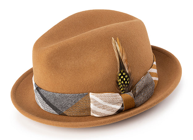 Wool Felt Pinch Front Tan Fedora with Feather Accent