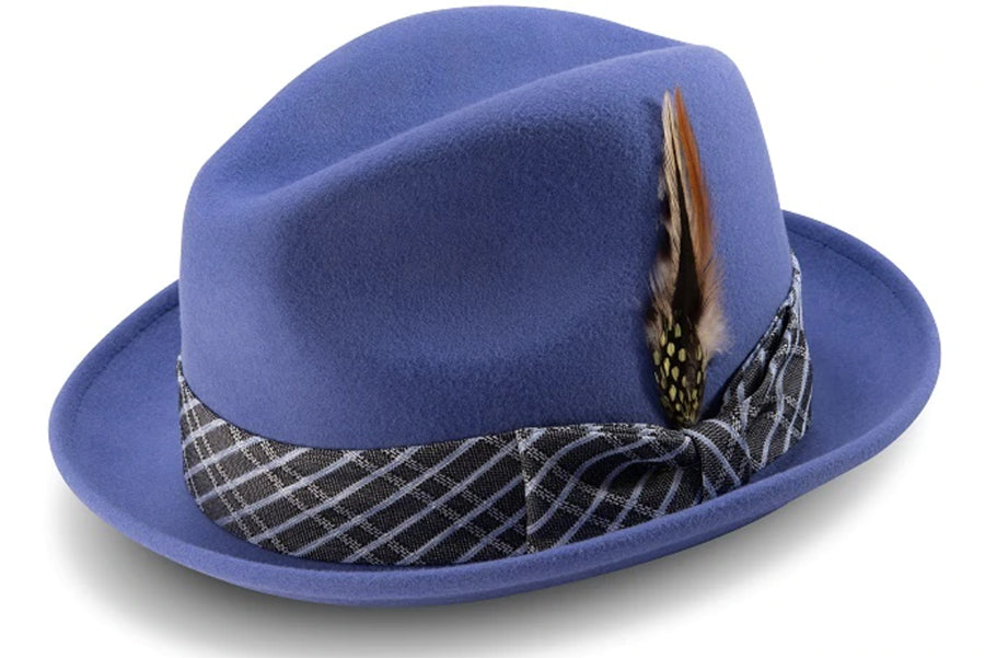 Blue Men's Fashion Bogart Fedora Hat 2 1/4 Inch Wide Brim