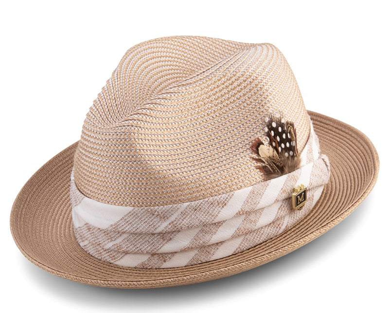 Tan Madras Plaid Hat with Feather Accent