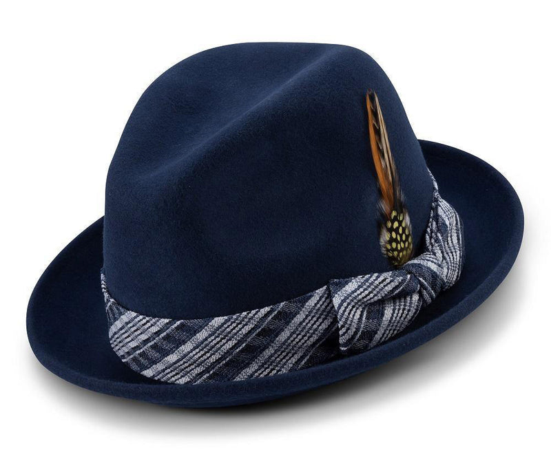 Navy 2" Brim Matching Ribbon Wool Felt Fedora Hat