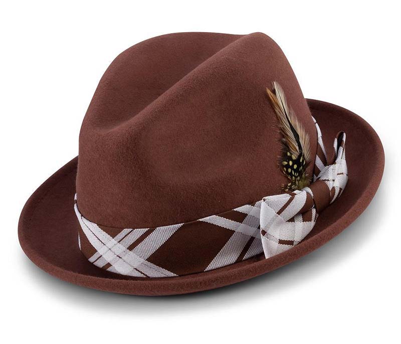 Cognac 2" Brim Plaid Ribbon Wool Felt Dress Hat