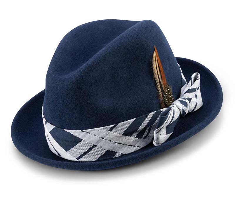 Navy 2" Brim Plaid Ribbon Wool Felt Dress Hat
