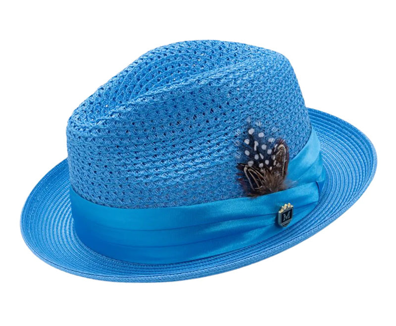 Aqua Solid Color Pinch Braided Fedora With Matching Satin Ribbon