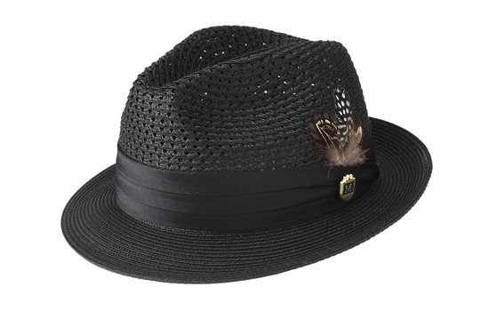Black Solid Color Pinch Braided Fedora With Matching Satin Ribbon
