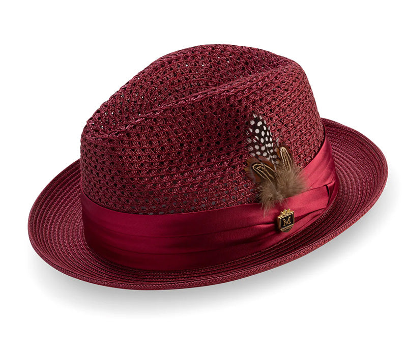 Burgundy Solid Color Pinch Braided Fedora With Matching Satin Ribbon