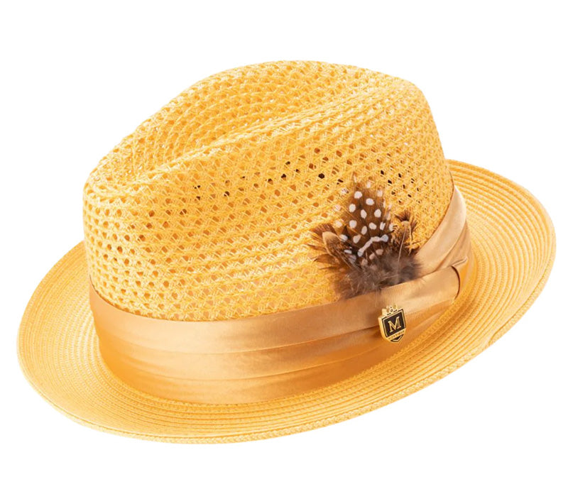 Canary Yellow Solid Color Pinch Braided Fedora With Matching Satin Ribbon