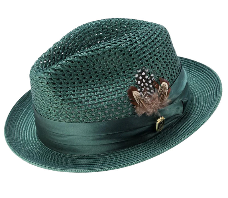 Emerald Green Solid Color Pinch Braided Fedora With Matching Satin Ribbon