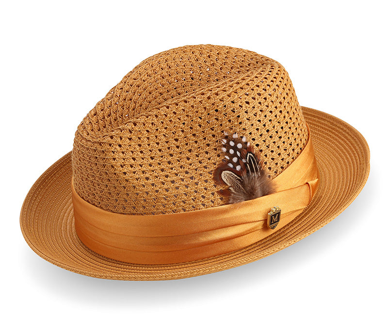 Gold Solid Color Pinch Braided Fedora With Matching Satin Ribbon