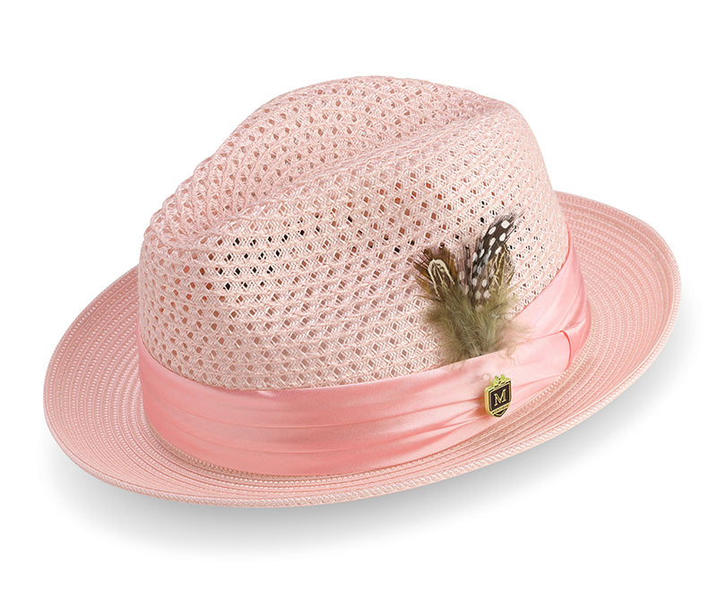 Pink Solid Color Pinch Braided Fedora With Matching Satin Ribbon