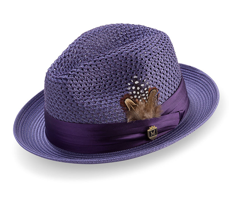Purple Solid Color Pinch Braided Fedora With Matching Satin Ribbon