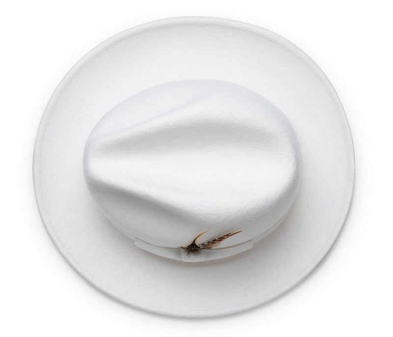 Wool Felt Fedora Pinch Front with Feather Accent in White