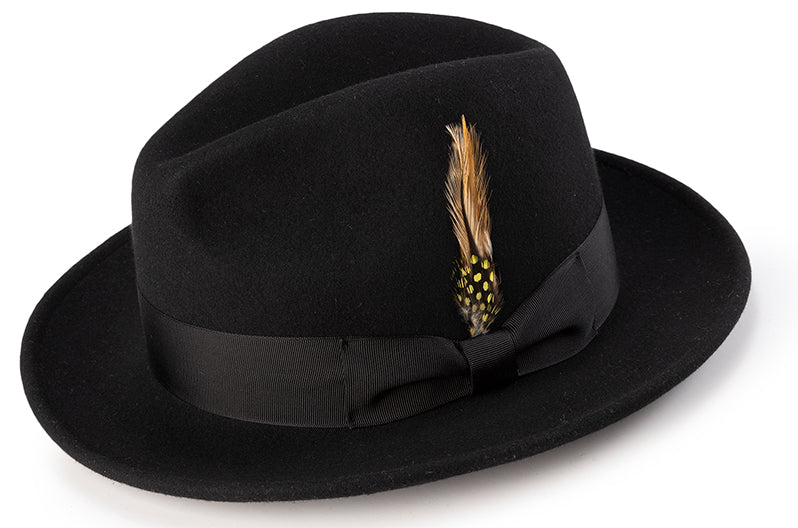 Wool Felt Fedora Pinch Front with Feather Accent in Black