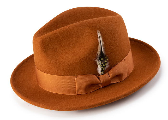 Wool Felt Fedora Pinch Front with Feather Accent in Cognac
