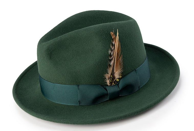 Wool Felt Fedora Pinch Front with Feather Accent in Hunter Green