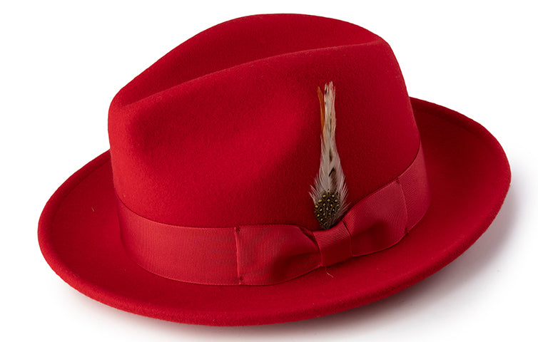 Wool Felt Fedora Pinch Front with Feather Accent in Red