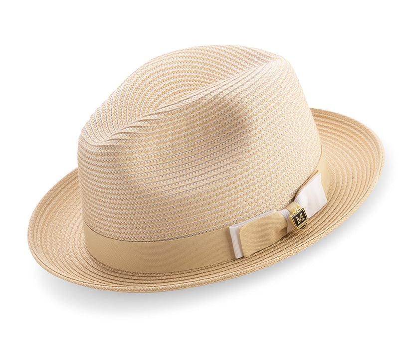 Beige Men's Two Tone Braided Pinch Fedora with Grosgrain Ribbon