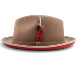2 ¼" Brim Wool Felt Dress Hat with Feather Accent Tan with Red Bottom