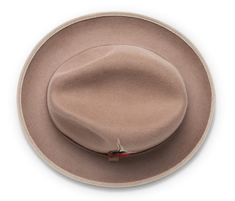 2 ¼" Brim Wool Felt Dress Hat with Feather Accent Tan with Red Bottom