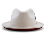 2 ¼" Brim Wool Felt Dress Hat with Feather Accent White with Red Bottom
