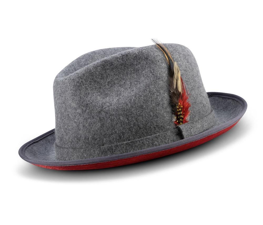 2 ¼" Brim Wool Felt Dress Hat with Feather Accent Gray with Red Bottom