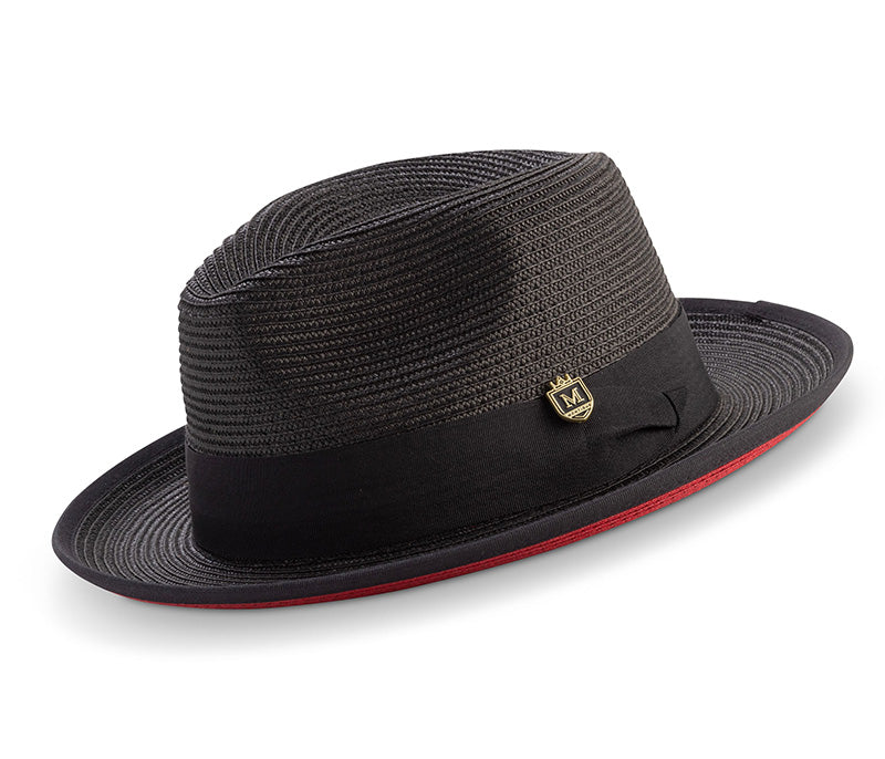 Black Wide Brim Braided Pinch Fedora Hat with Red Bottom