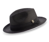 Black Wide Brim Braided Pinch Fedora Hat with White Bottom