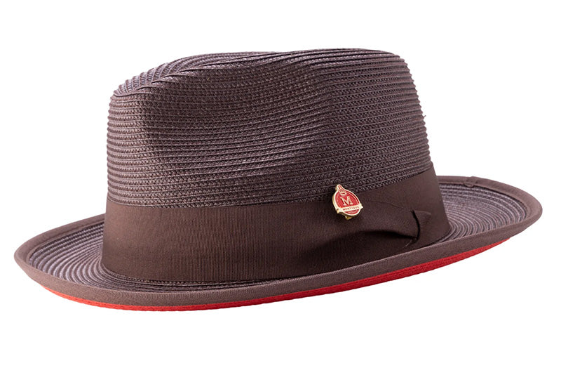 Brown Wide Brim Braided Pinch Fedora Hat with Red Bottom