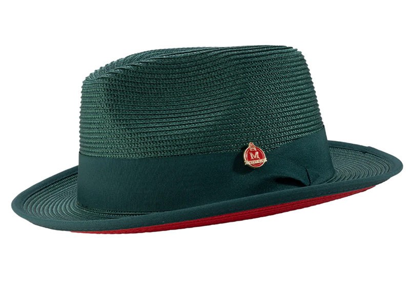 Emerald Green Wide Brim Braided Pinch Fedora Hat with Red Bottom