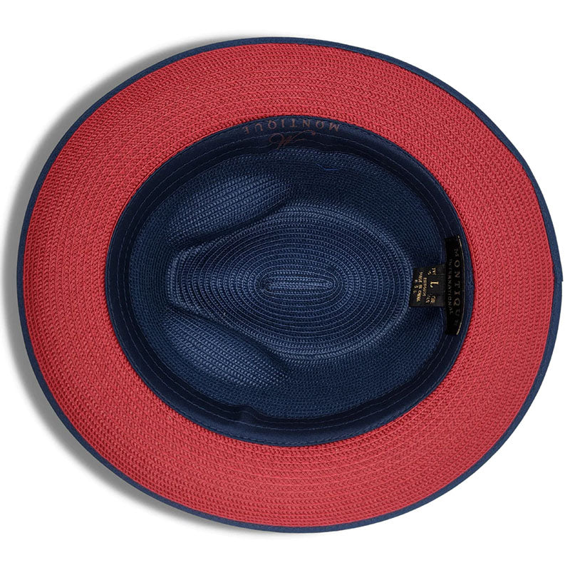 Navy Wide Brim Braided Pinch Fedora Hat with Red Bottom