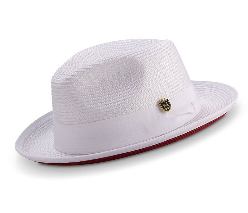 White Wide Brim Braided Pinch Fedora Hat with Red Bottom