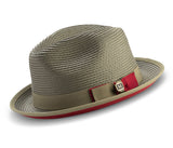 Two Tone Braided Ribbon Stingy Brim Pinch Fedora - Olive with Red Bottom