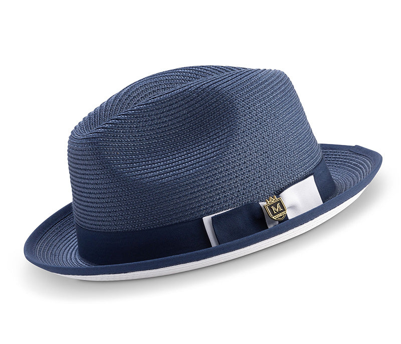 Two Tone Ribbon Stingy Brim Pinch Braided Fedora - Navy with White Bot ...