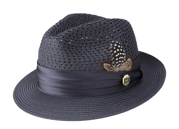 Navy Solid Color Pinch Braided Fedora With Matching Satin Ribbon