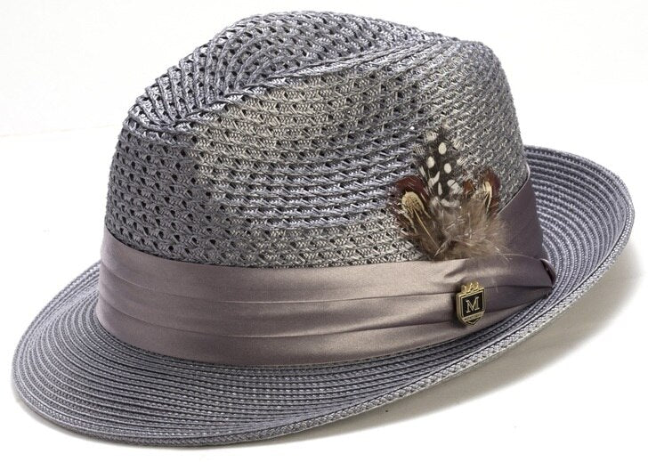 Gray Solid Color Pinch Braided Fedora With Matching Satin Ribbon