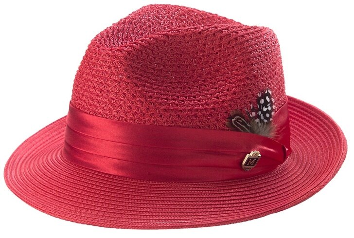 Red Solid Color Pinch Braided Fedora With Matching Satin Ribbon