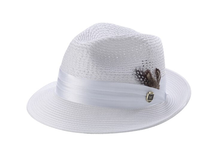 White Solid Color Pinch Braided Fedora With Matching Satin Ribbon