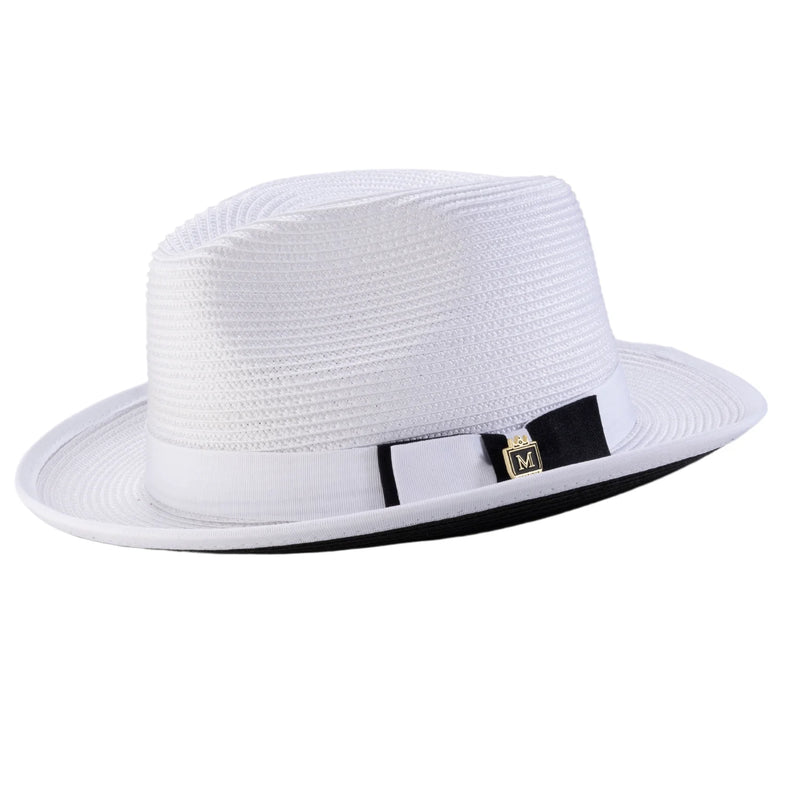 Braided Stingy Brim Pinch Fedora Hat - White with Black Bottom