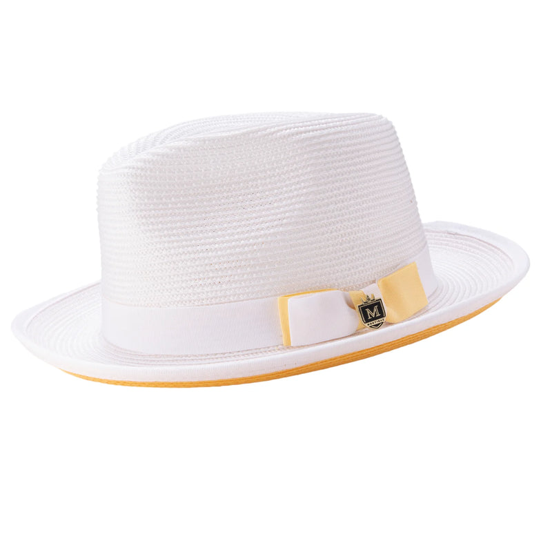Braided Stingy Brim Pinch Fedora Hat - White with Canary Bottom