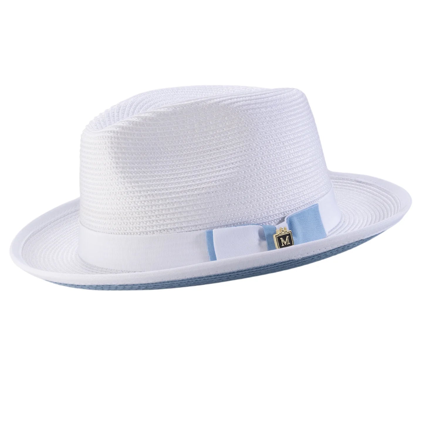 Braided Stingy Brim Pinch Fedora Hat - White with Carolina Bottom
