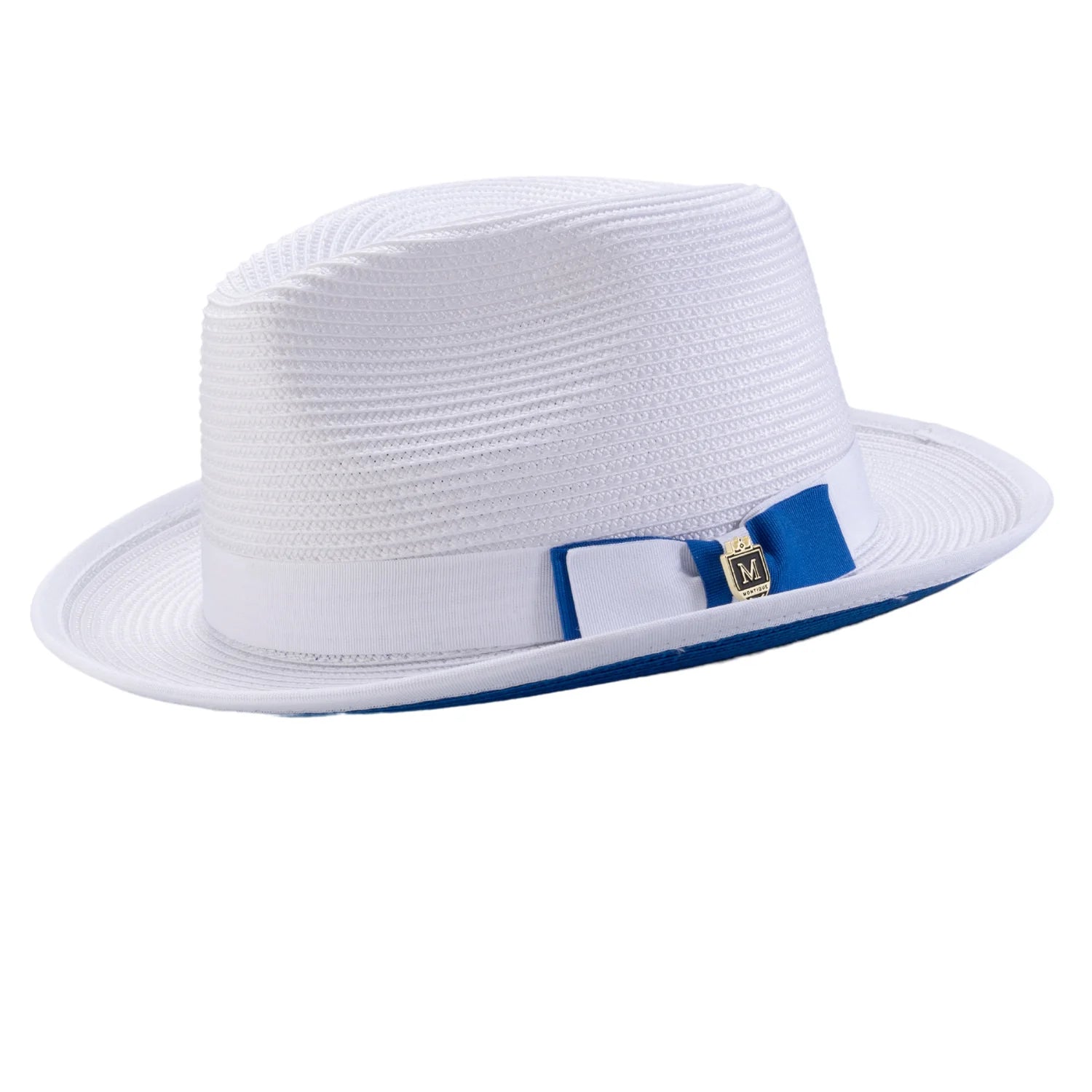 Braided Stingy Brim Pinch Fedora Hat - White with Cobalt Bottom