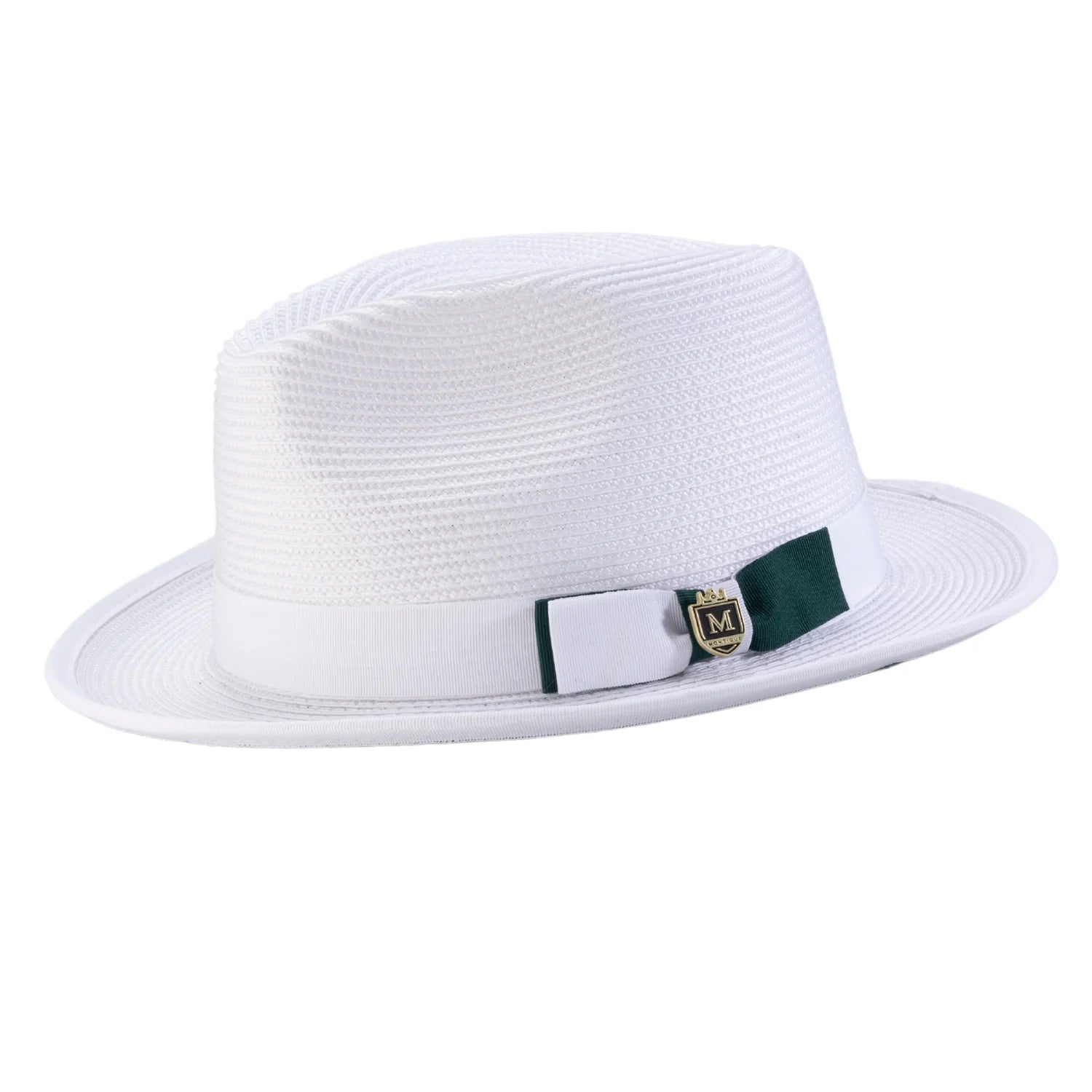 Braided Stingy Brim Pinch Fedora Hat - White with Emerald Bottom