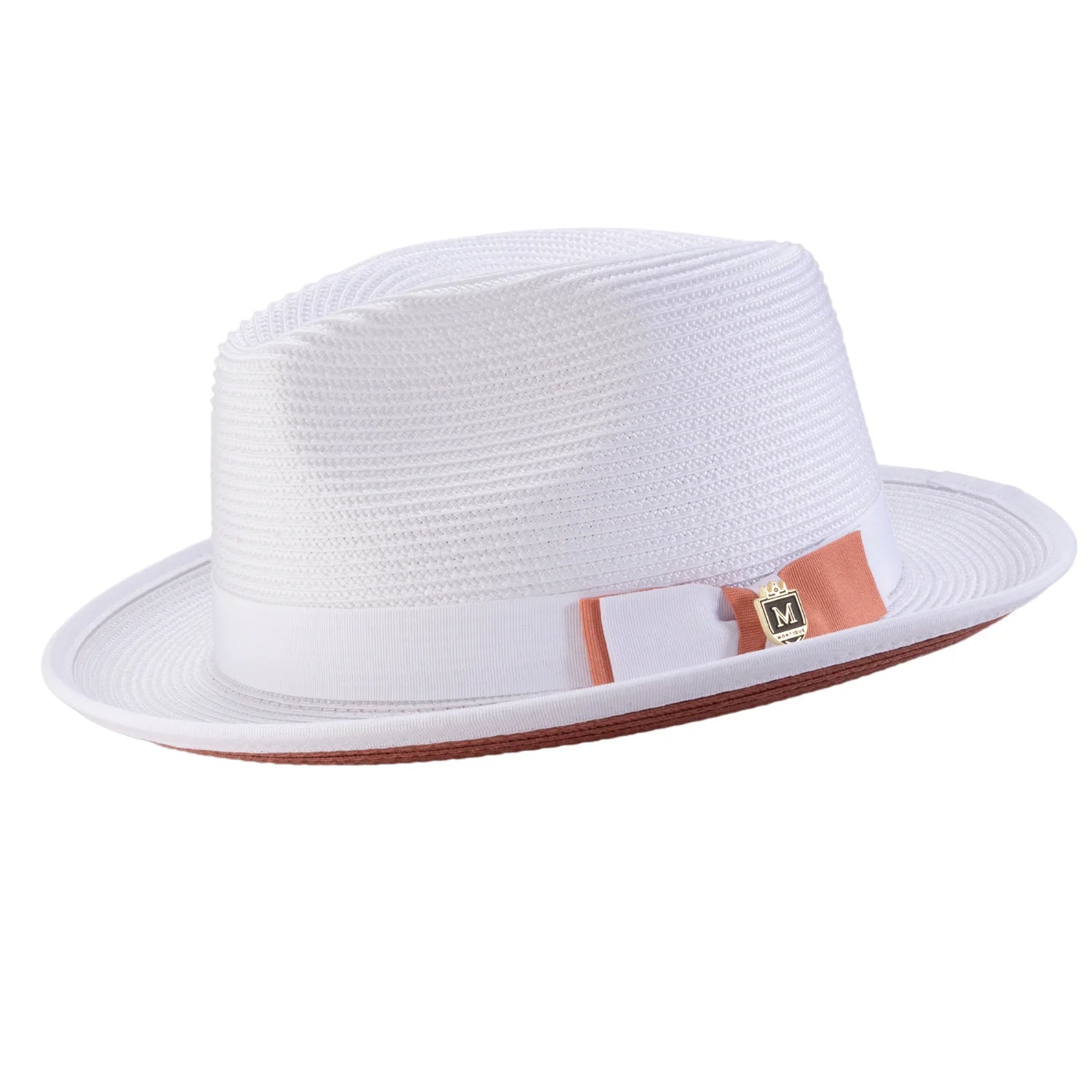 Braided Stingy Brim Pinch Fedora Hat - White with Papaya Bottom