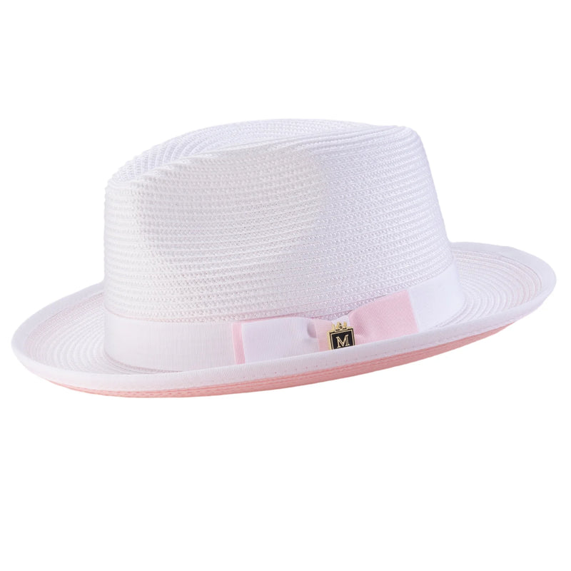 Braided Stingy Brim Pinch Fedora Hat - White with Pink Bottom