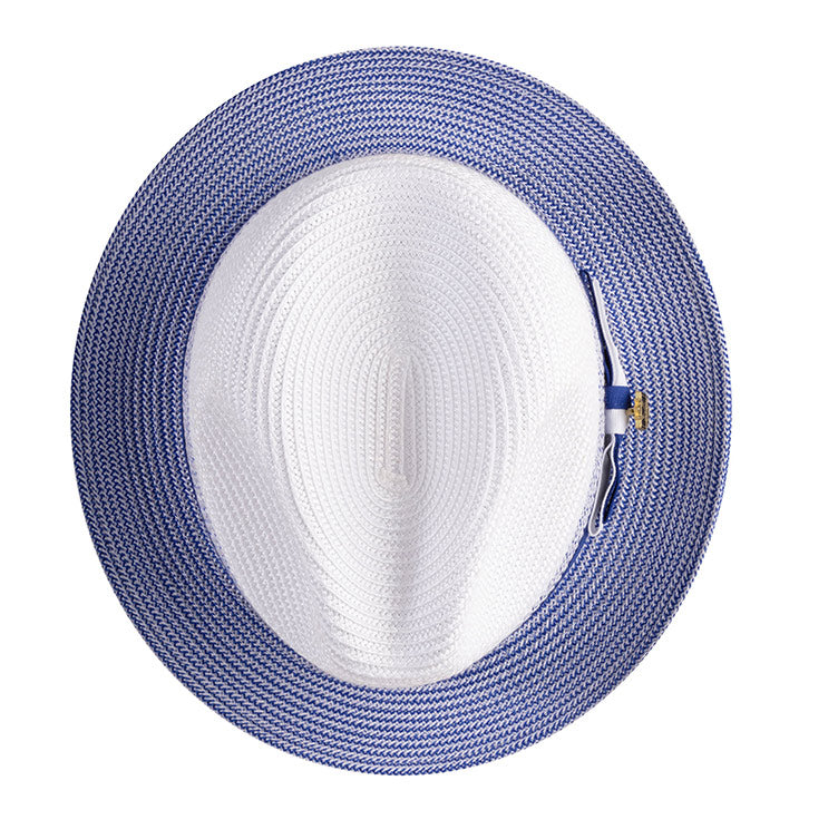 Men's Braided Straw Fedora Two Tone Weave in Royal Blue