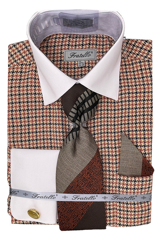 Beige Plaid Dress Shirt Set with Tie and Handkerchief